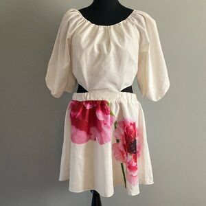 Puff sleeved, Cut out Dress with Bold Floral Design